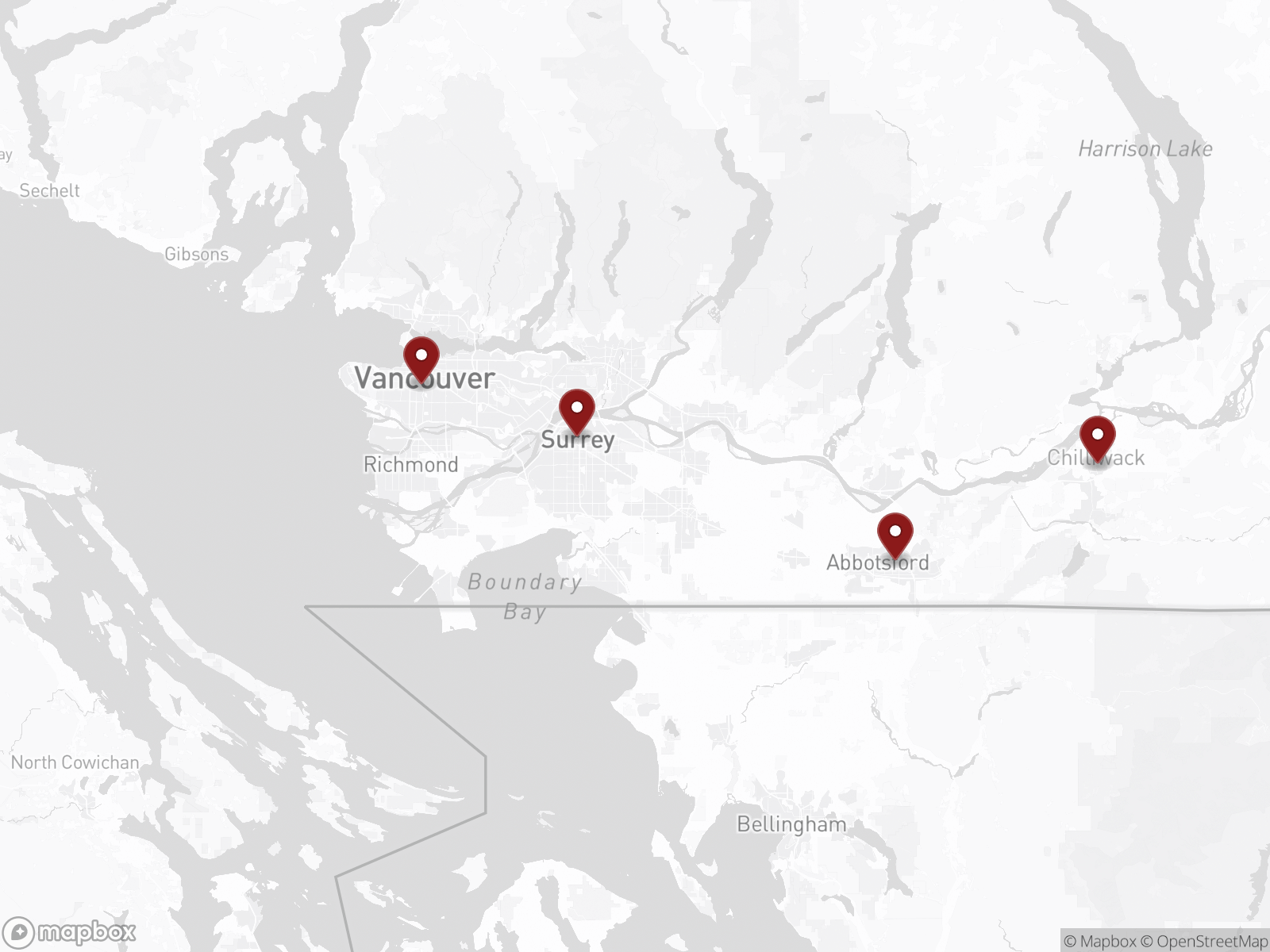 Map of Fraser Haul service area from Vancouver to Chilliwack